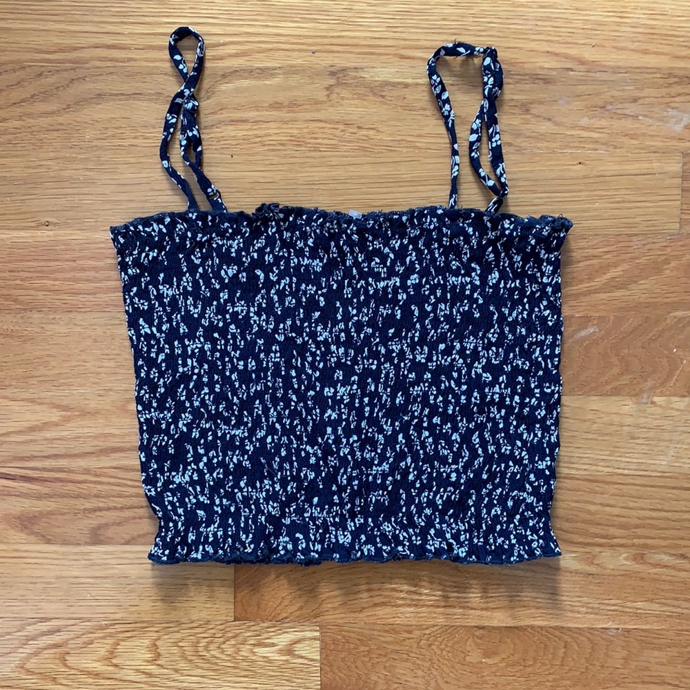 Brandy Melville Navy Blue and White Smocked Crop Top